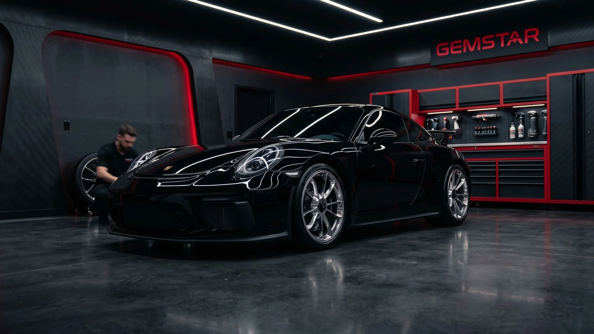Detailed black sports car in Caldwell studio under dramatic lighting