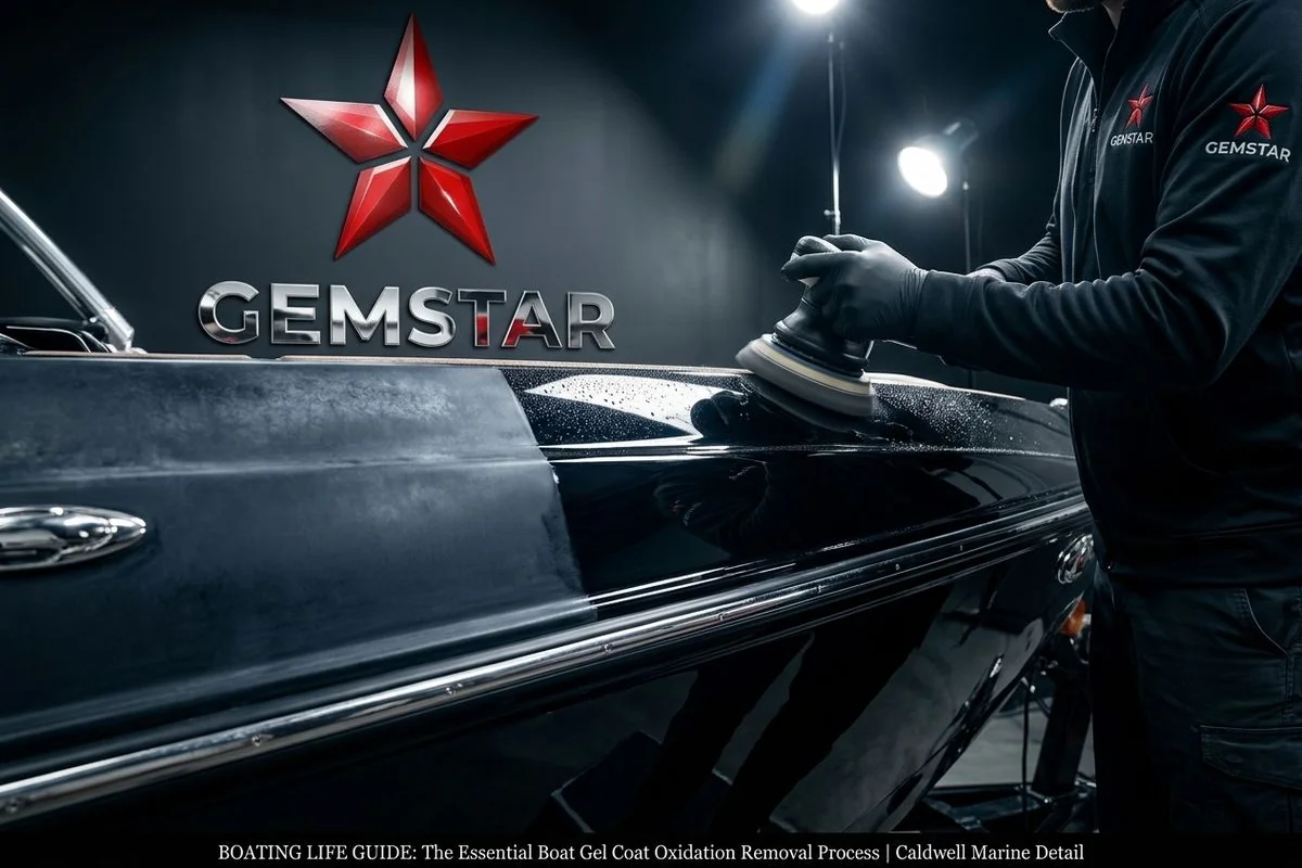 Wakeboard boat showing oxidized gel coat before restoration