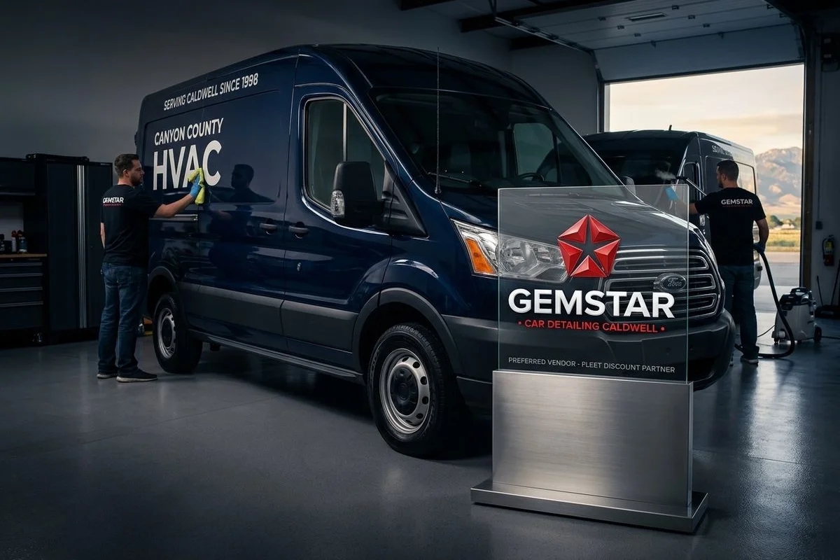 Row of contractor work vans being fleet-detailed in Caldwell