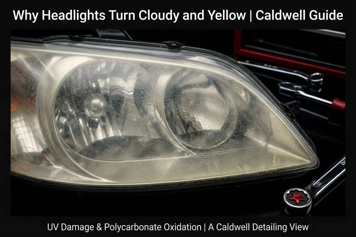Cloudy and yellowed polycarbonate headlights showing oxidation
