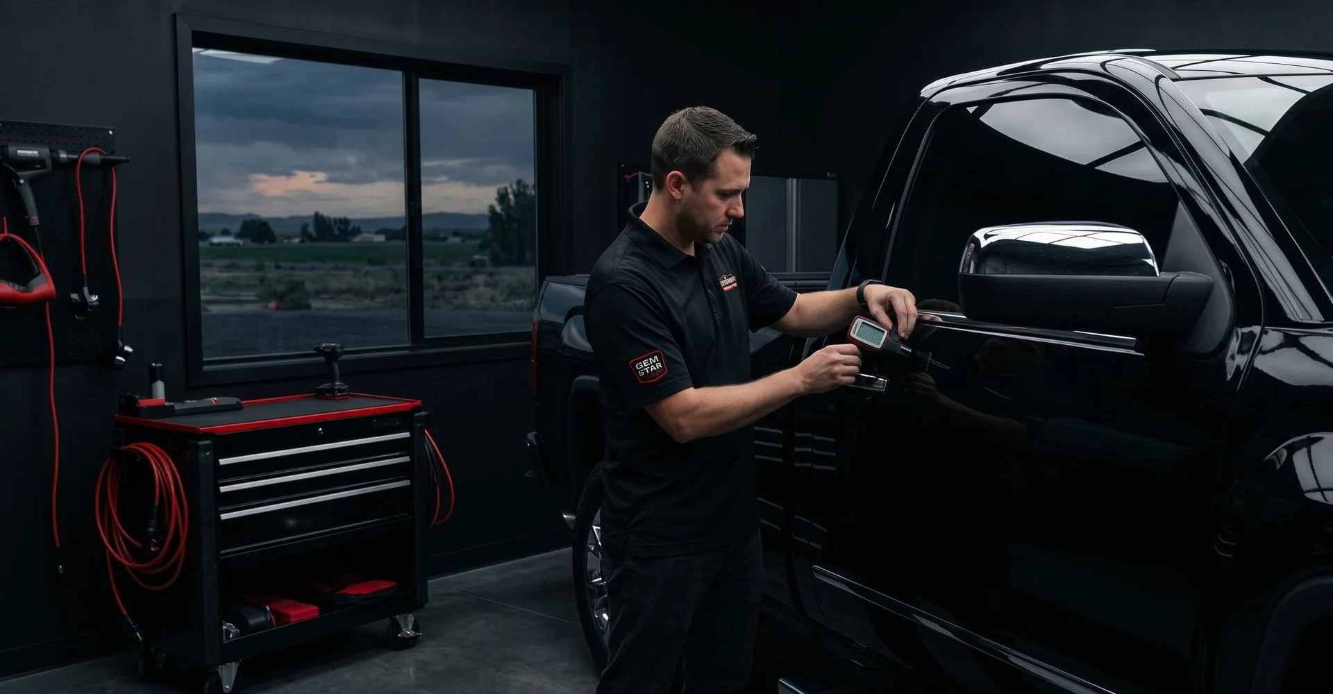 Paint depth measurement during ceramic coating prep at Gemstar Caldwell