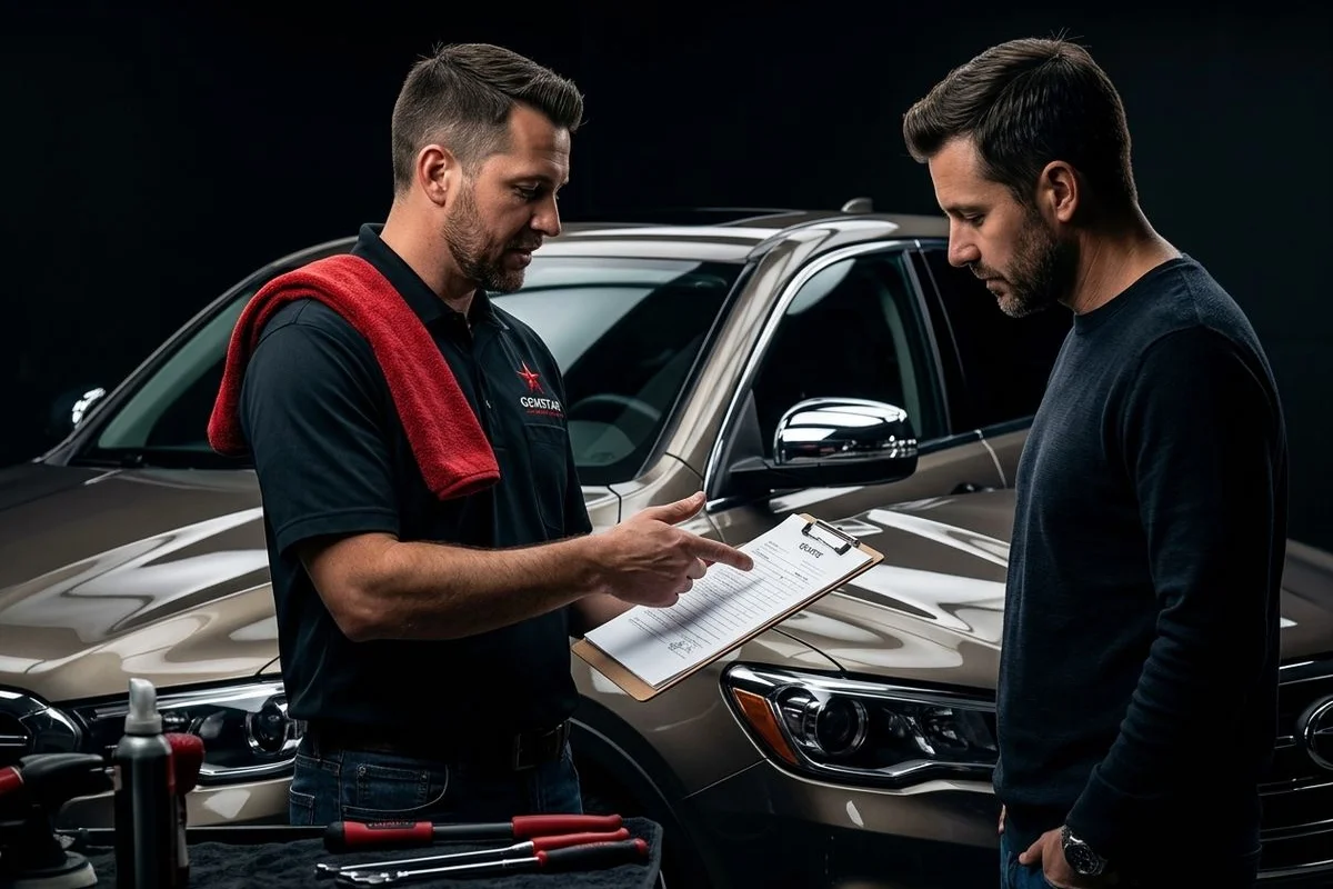Detailer reviewing a written quote with a customer at the Caldwell shop