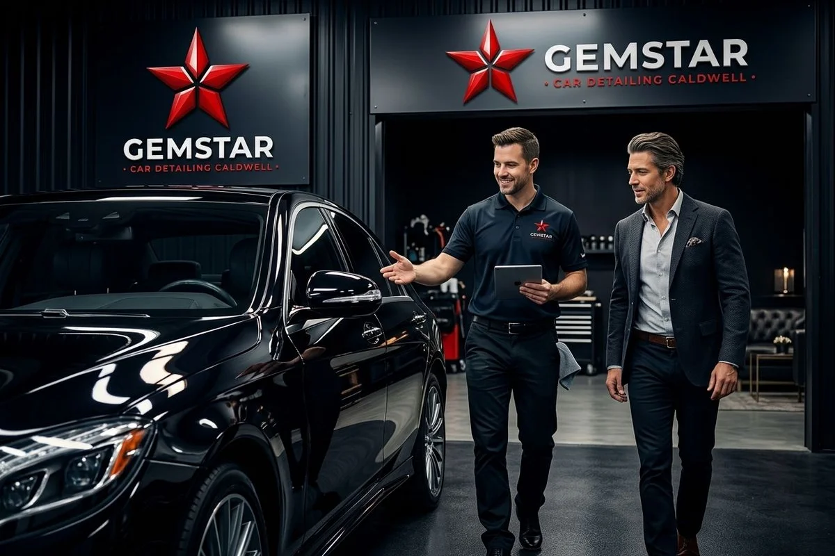 Detailer walking around the vehicle with a customer at the Caldwell shop