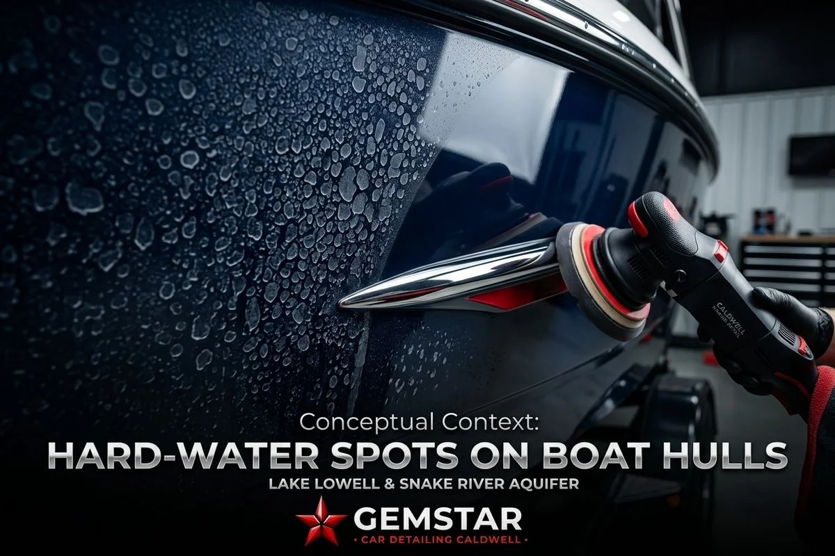 Hard-water spotting visible on white gel coat hull