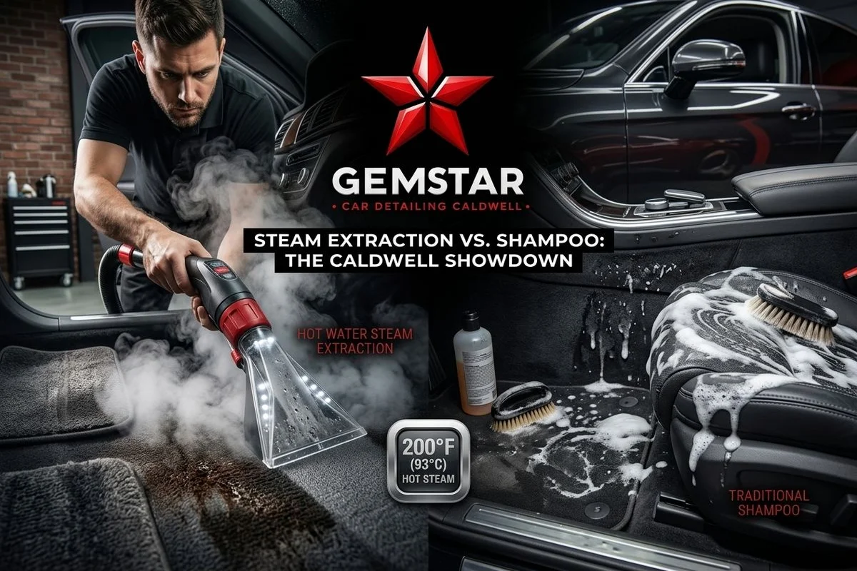 Hot water steam extraction on car carpet at Caldwell shop