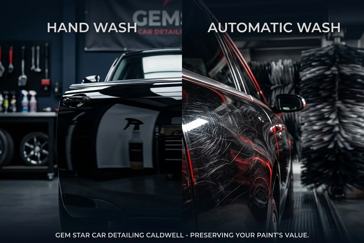 Macro of swirl marks on black paint left by tunnel wash brushes