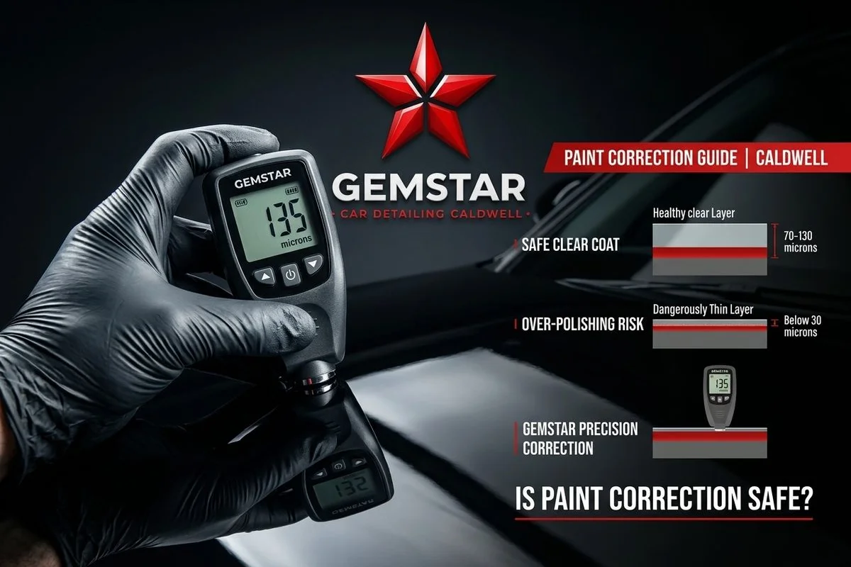 Paint depth gauge measuring clear coat thickness in microns