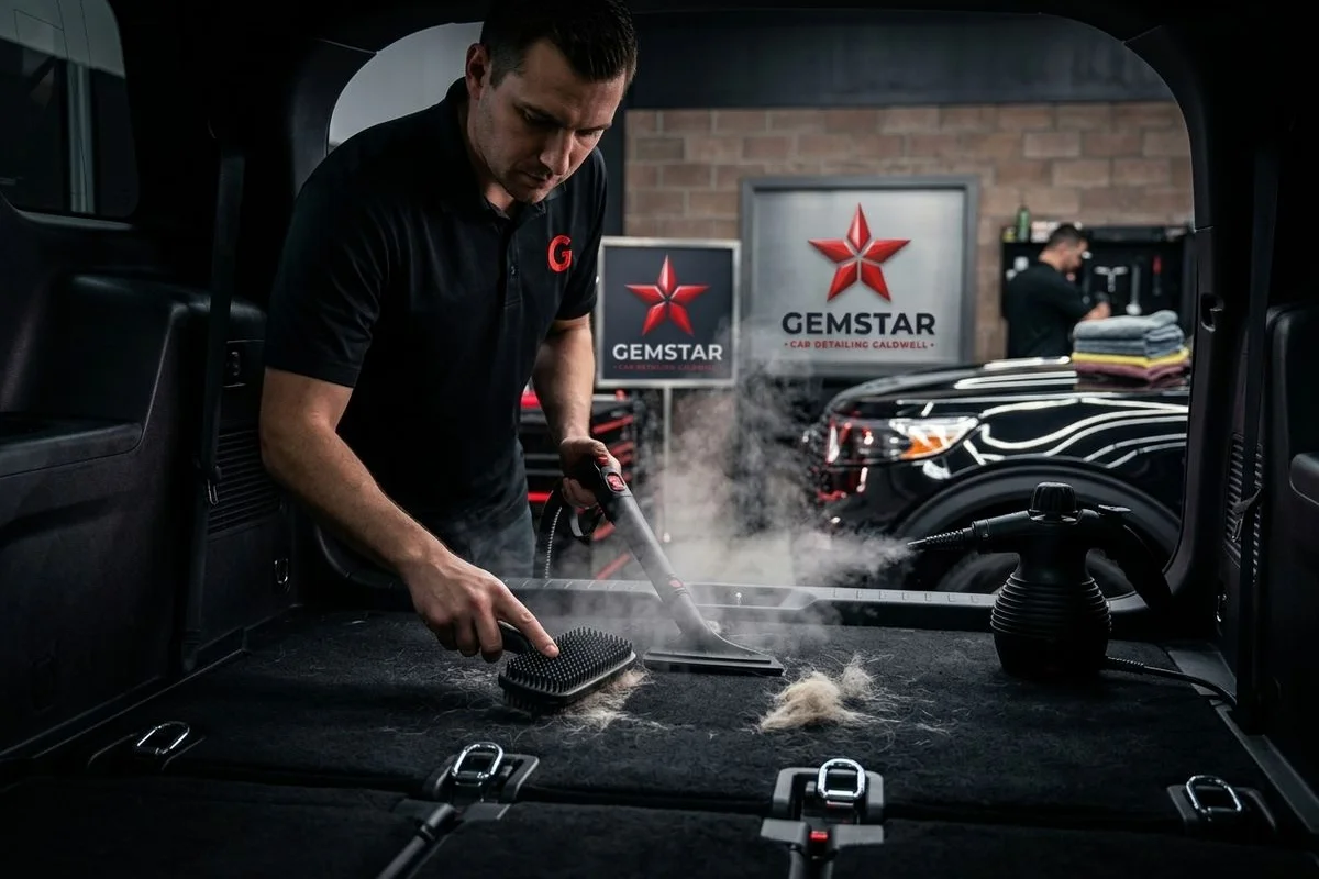 Pet hair removal from SUV interior using specialized tools