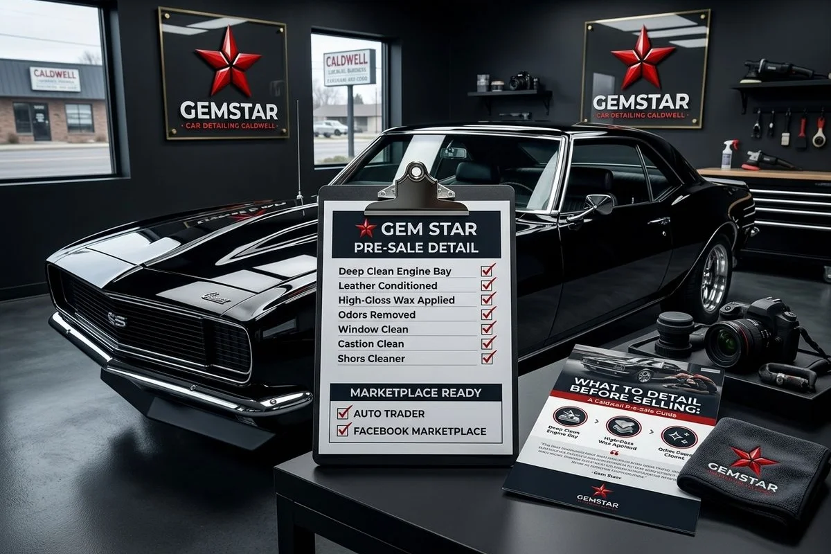 Pre-sale detail vehicle checklist at Caldwell shop