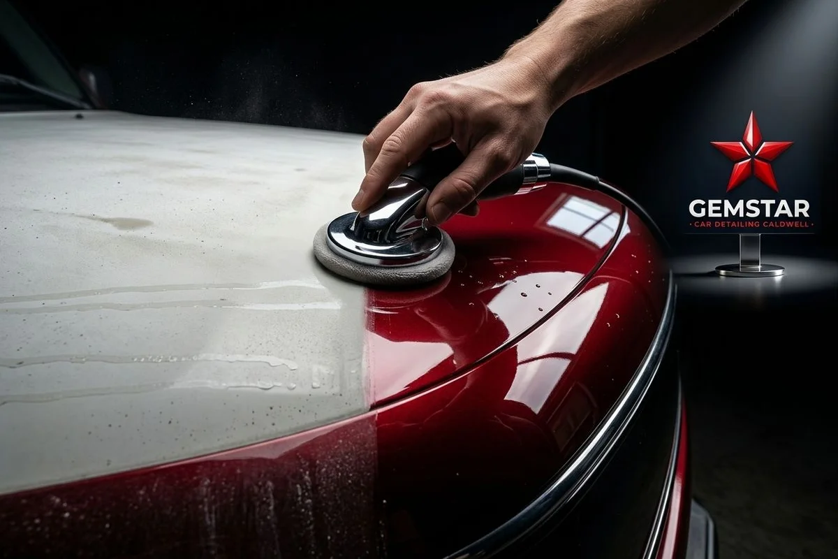 Travel trailer showing chalky oxidized gel coat before restoration