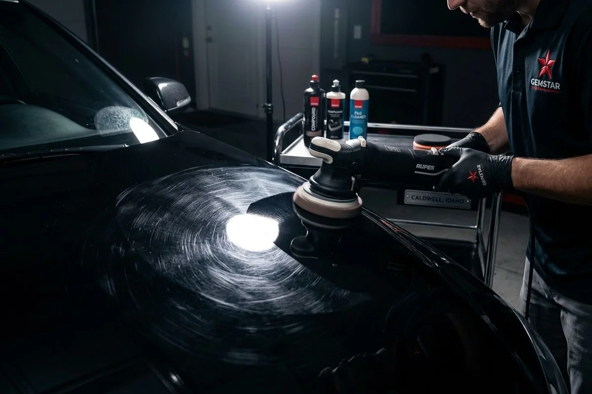 Combined swirl marks, oxidation, and water spots on dark paint