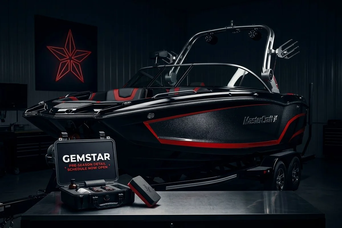 Wakeboard boat being pre-season detailed for Lake Lowell 2026 opener